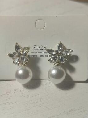 Silver Pearl Drop Earrings with Crystal Flower